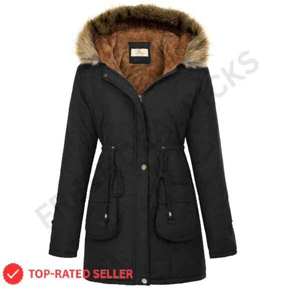 Women's Winter Fleece Parka Hooded Military Jacket Coats Chic Classic
